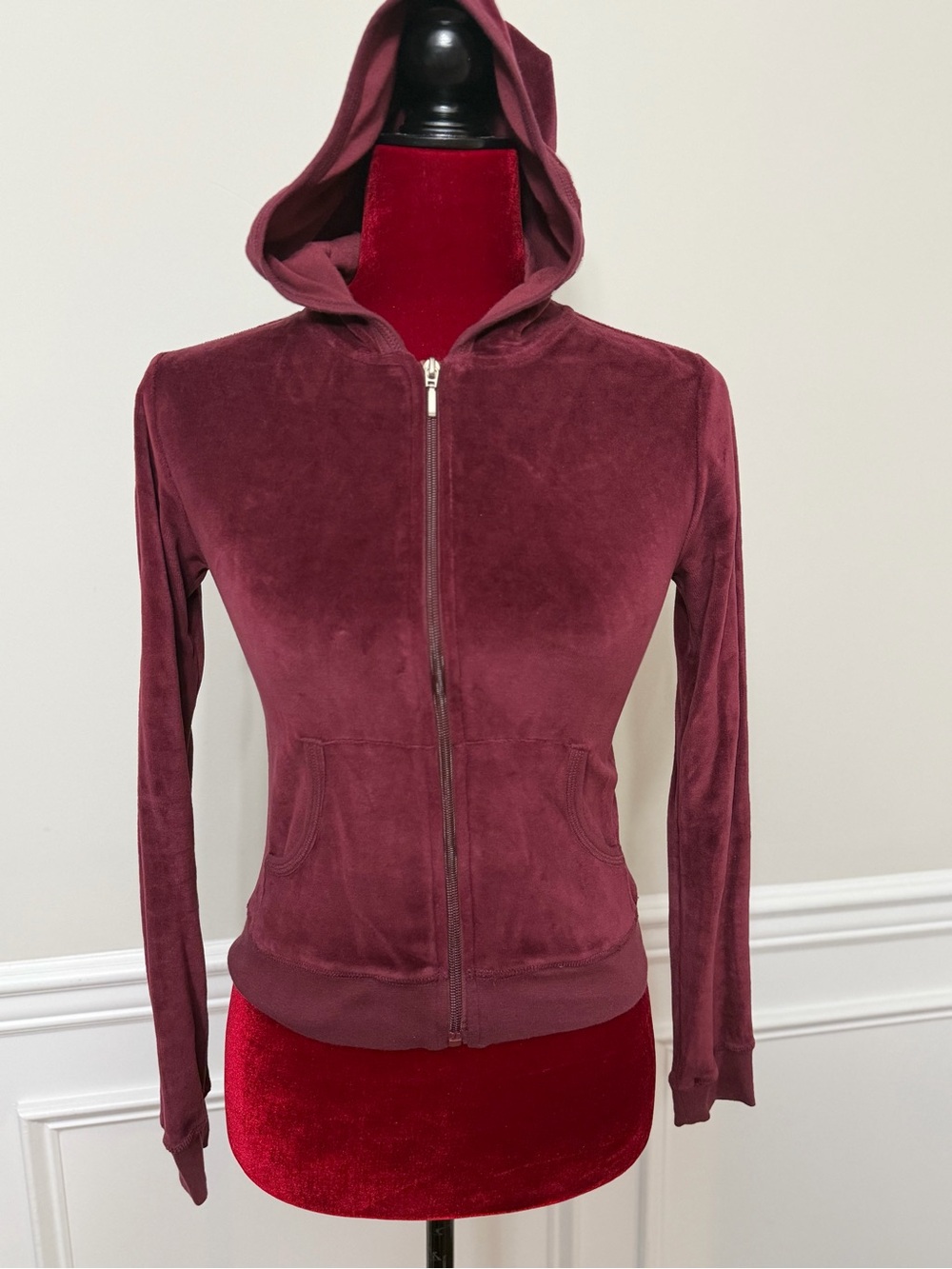 Sweet Romeo Velour‎ Zip-Up Hoodie in Deep Burgundy size XS